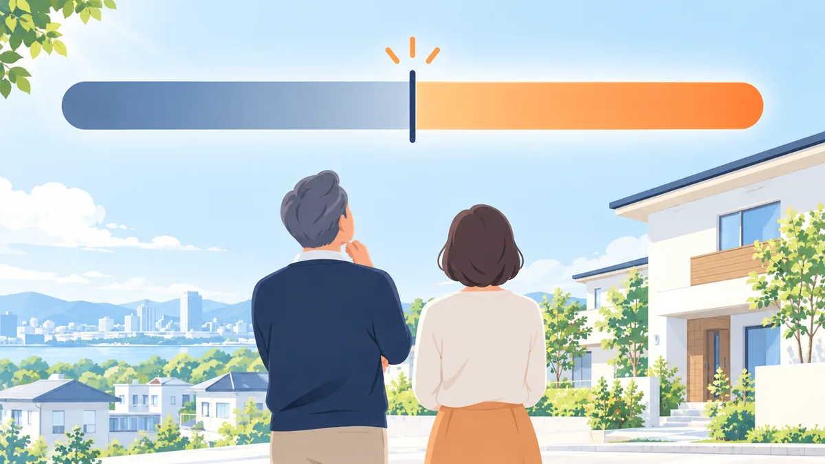 途中で色が変わる帯を見上げる50代の夫婦の後ろ姿のイラスト
