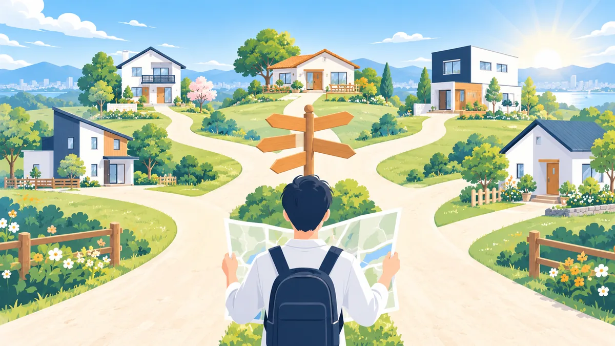 5 本の道がそれぞれ家へ続く分かれ道で、地図を広げて道を選ぶ人物の後ろ姿のイラスト