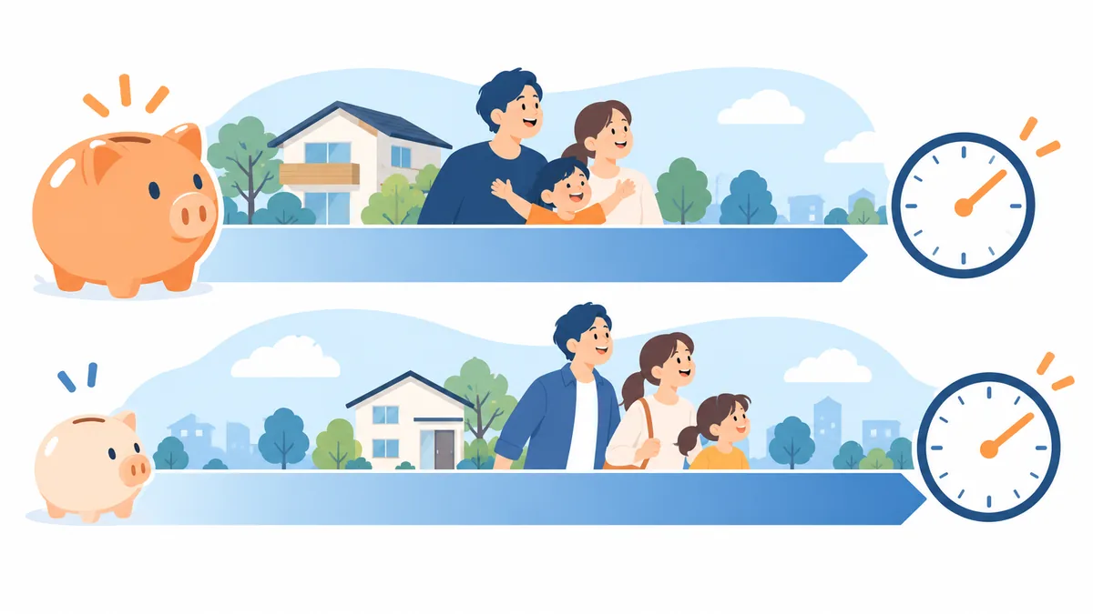 頭金の有無で長さが変わる2本の返済の帯と家族を描いたイラスト