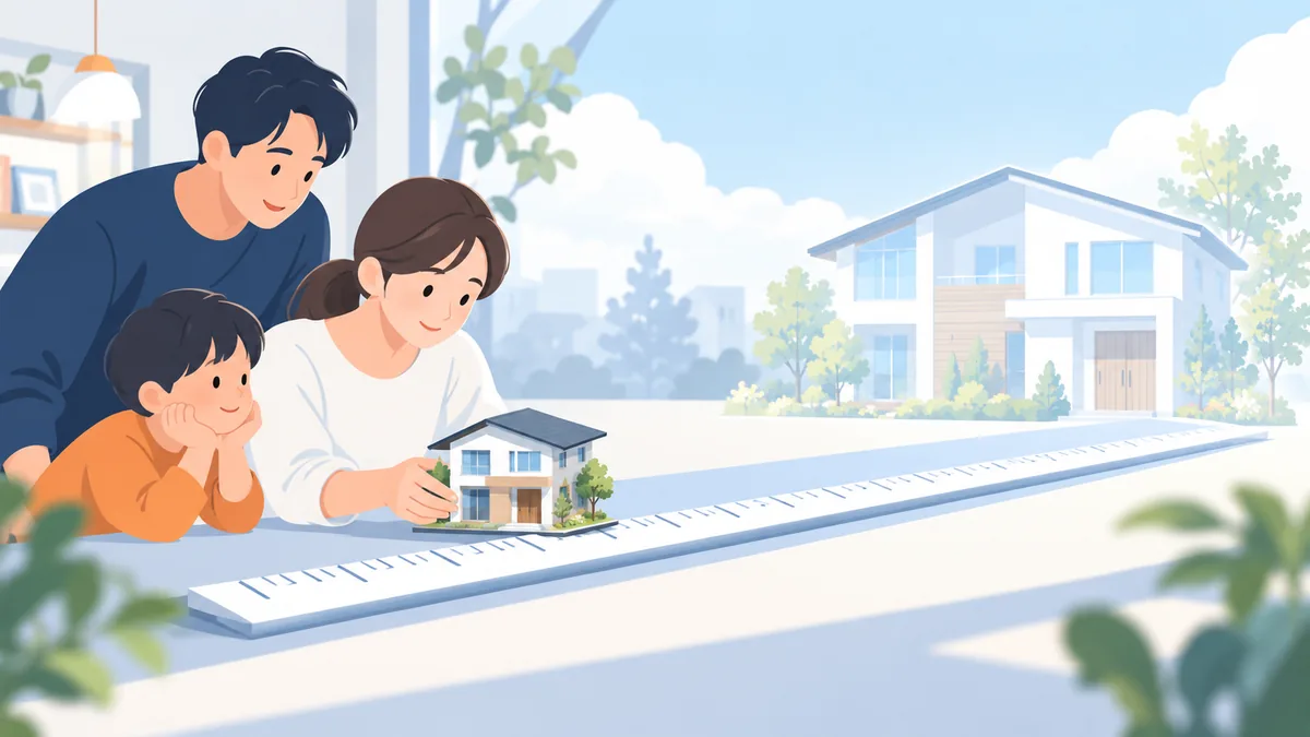 物差しに合わせて家の模型を選ぶ家族と、遠くの大きな家を描いたイラスト