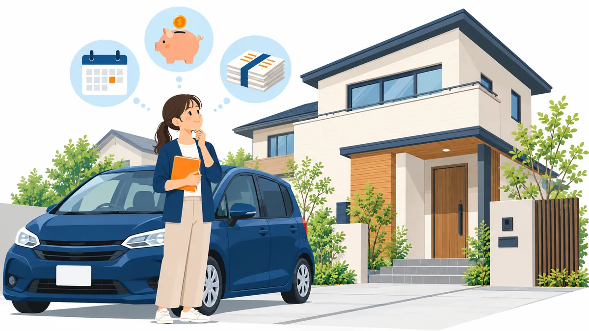 家の前に停めた車と、家計のノートを見る人のイラスト