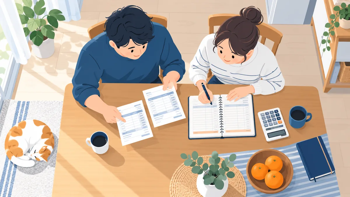 ダイニングで夫婦が 2 枚の給与明細を見ながら家計ノートに書き込んでいる俯瞰図