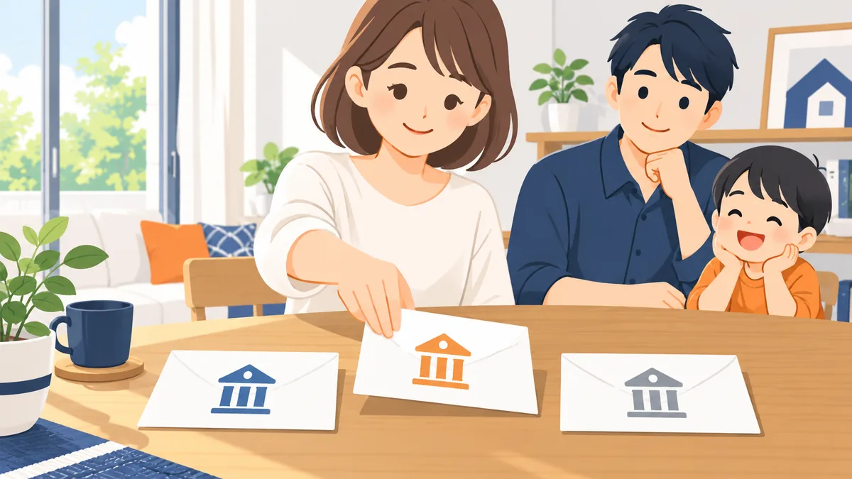 銀行の絵柄が付いた 3 つの封筒から 1 つだけを手に取る家族のイラスト