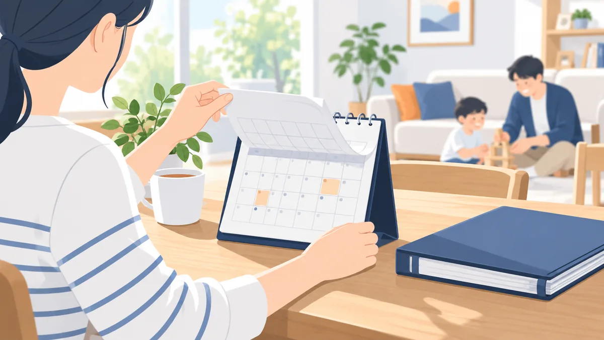 卓上カレンダーの過去の月をめくって確認している女性