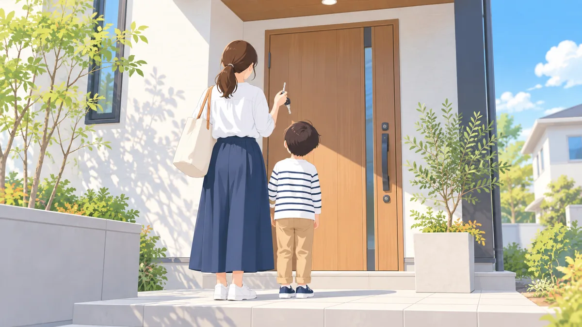 新しい家の玄関前で鍵を手にした親と子どもの後ろ姿のイラスト