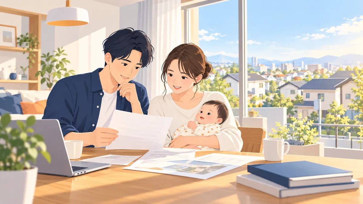 赤ちゃんを抱いた夫婦がダイニングで書類を確認しているイラスト
