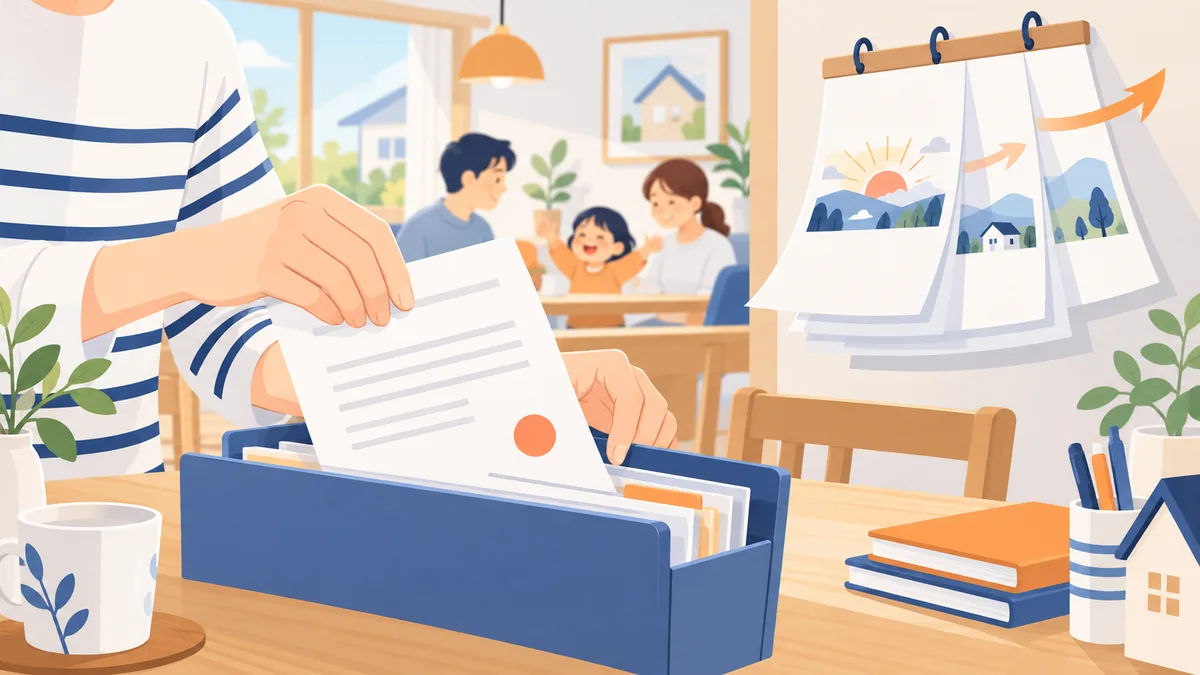 スタンプが押された書類をファイルにしまう手元と、先までめくられたカレンダーのイラスト