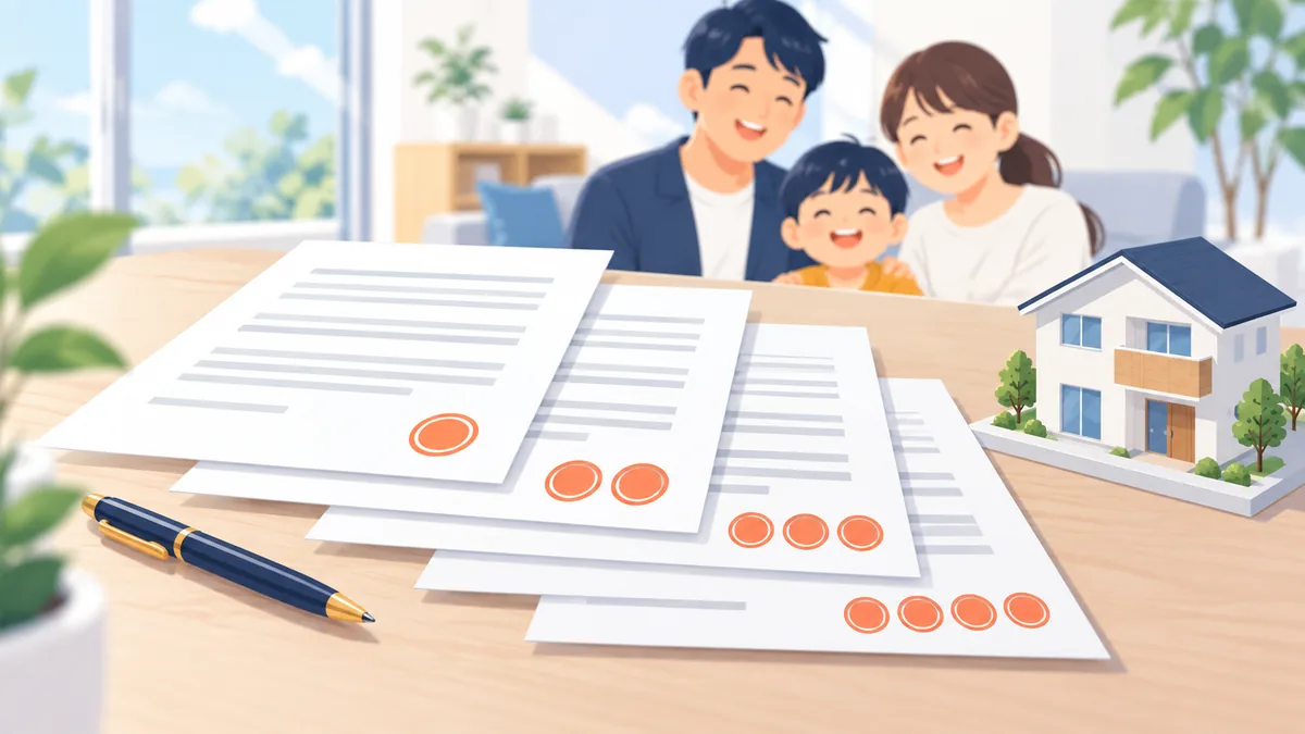 更新のたびにスタンプが増える契約書と家の模型、家族を描いたイラスト