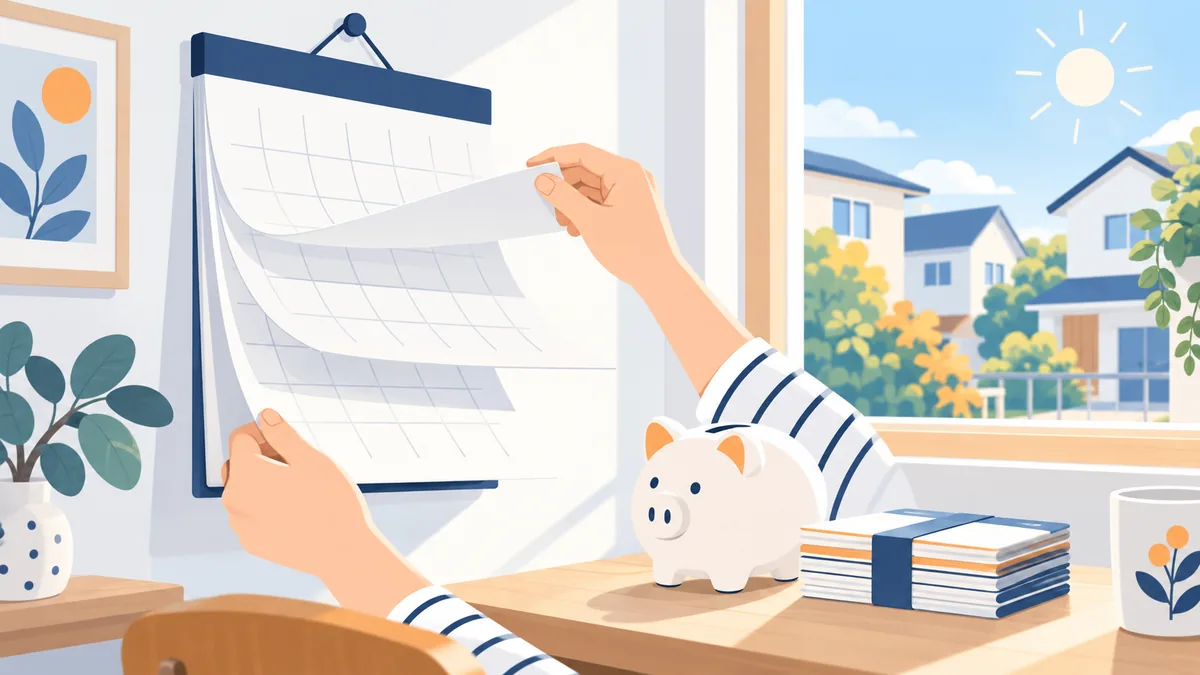 壁掛けカレンダーをめくる手元と、机の上の貯金箱と束ねたカードのイラスト