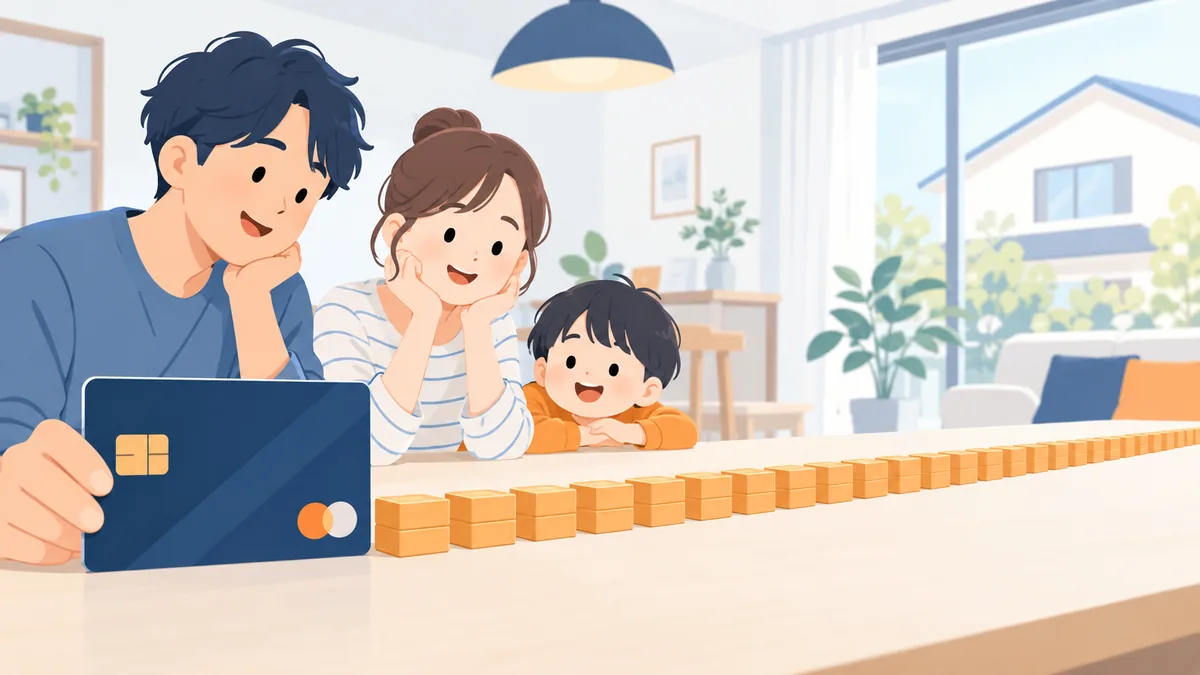 カードの横に同じ大きさの支払いブロックが長く並ぶ様子を見る家族