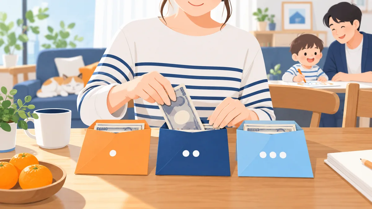 手元の資金を色違いの3つの封筒に分けて入れている手元のイラスト