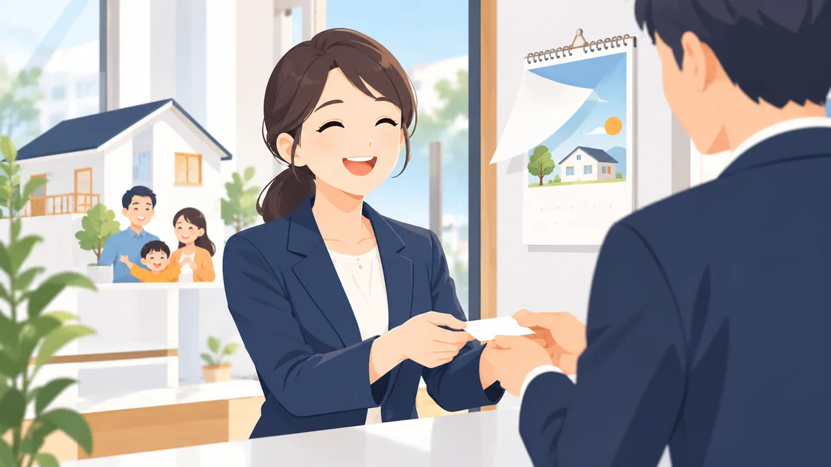 新しい職場で名刺を受け取る人物と、めくられたカレンダーを描いたイラスト