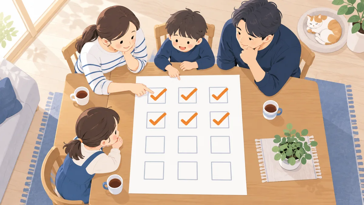 チェックボックスが並ぶ大きな用紙を家族で確認している俯瞰のイラスト