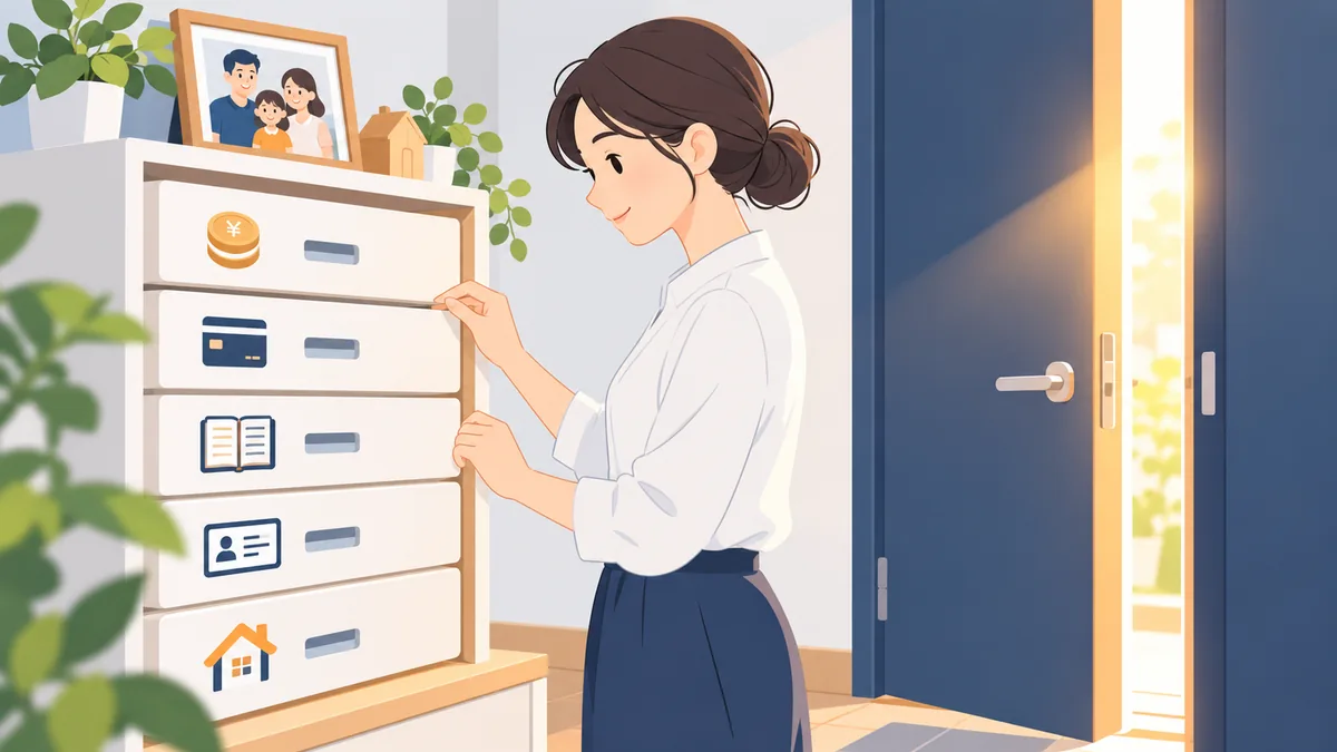 5 つの引き出しが並ぶ棚を確かめる人物と、隙間から光が差す扉のイラスト