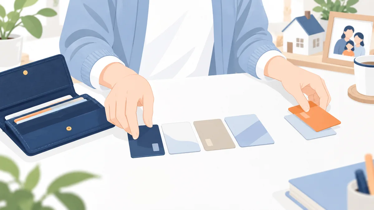 机に並べた数枚のカードのうち、使っていない 1 枚を別の場所へ寄せている手元